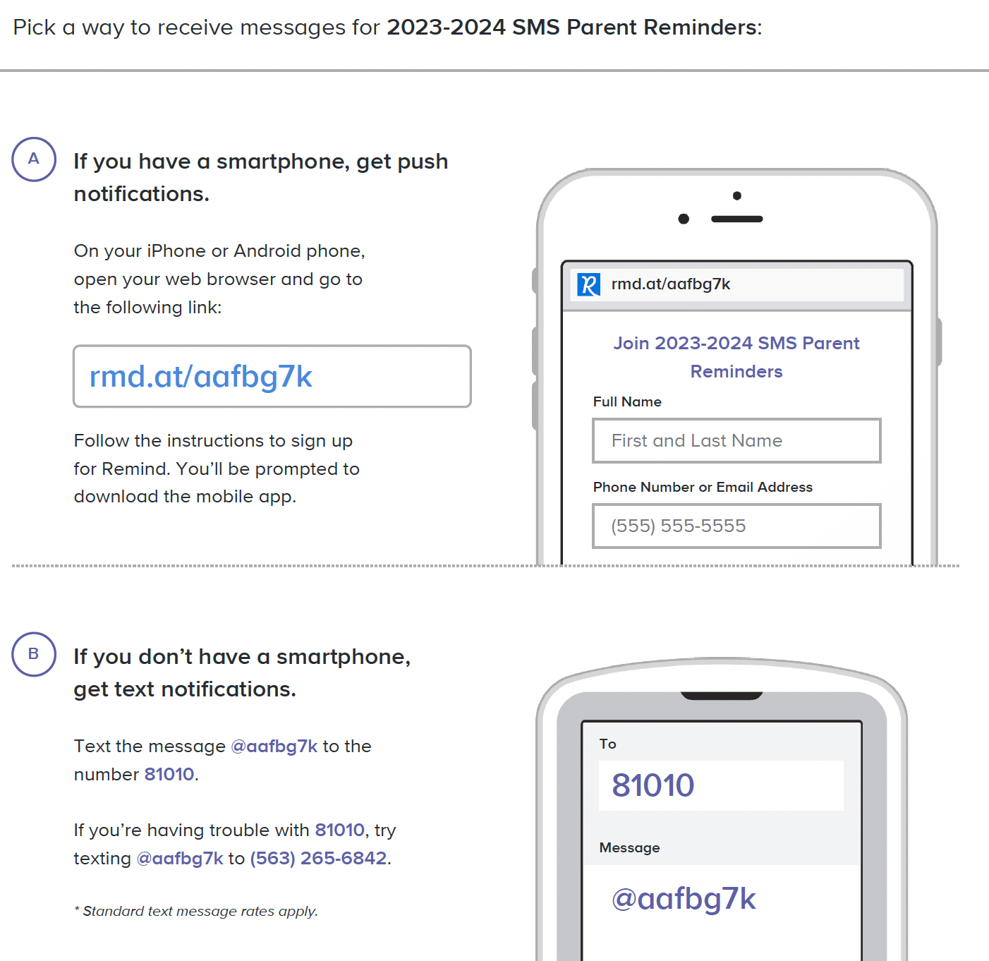 Join "2023-2024 SMS Parent Reminders" on Remind- text @aafbg7k to 81010.